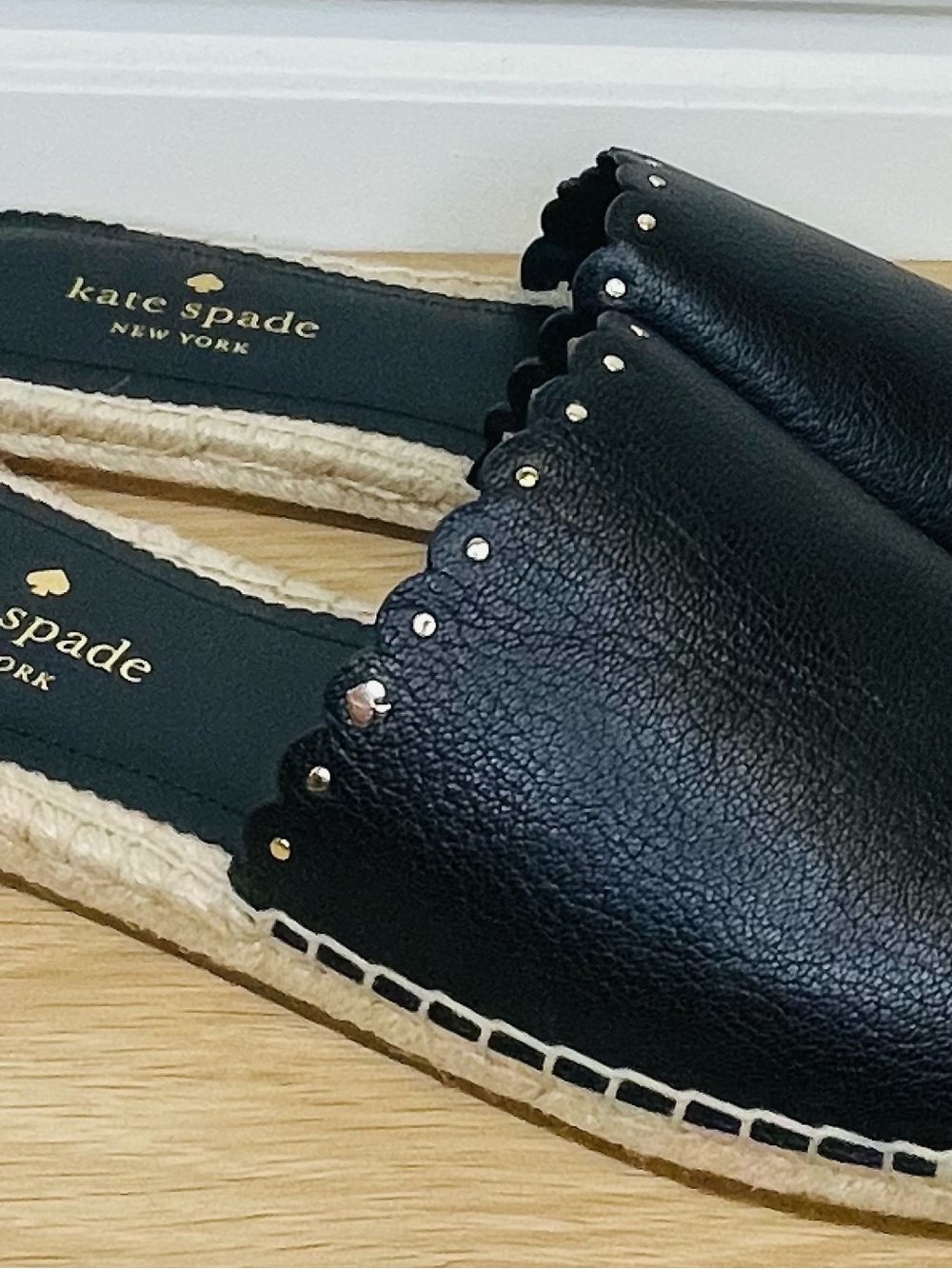 kate spade Black Leather Scallop Espadrille Slides